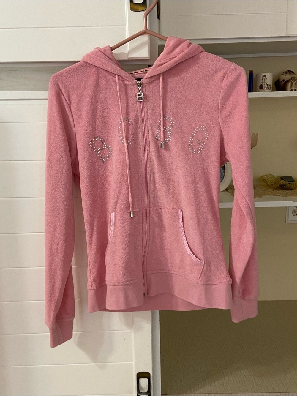 Vintage Terry Cloth Pink Jeweled Logo Zip-Up Hoodie